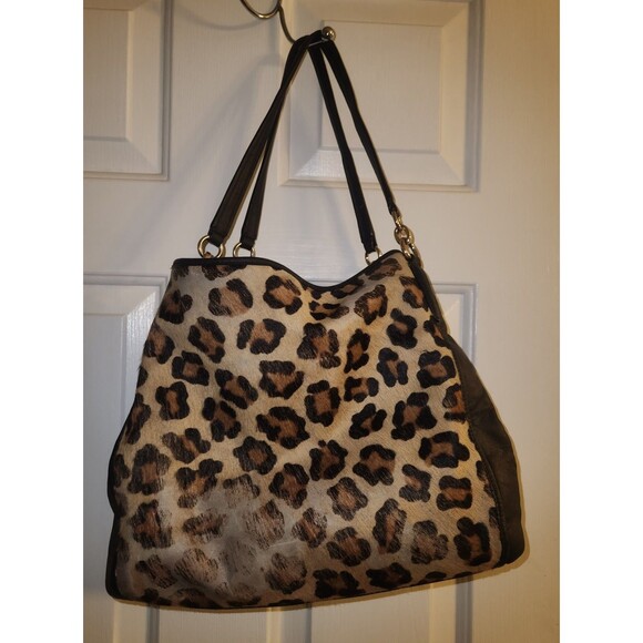 COACH FUR RUBBED OFF Madison Leopard Shoulder Bag Leather Large Authentic Rare - Picture 1 of 3